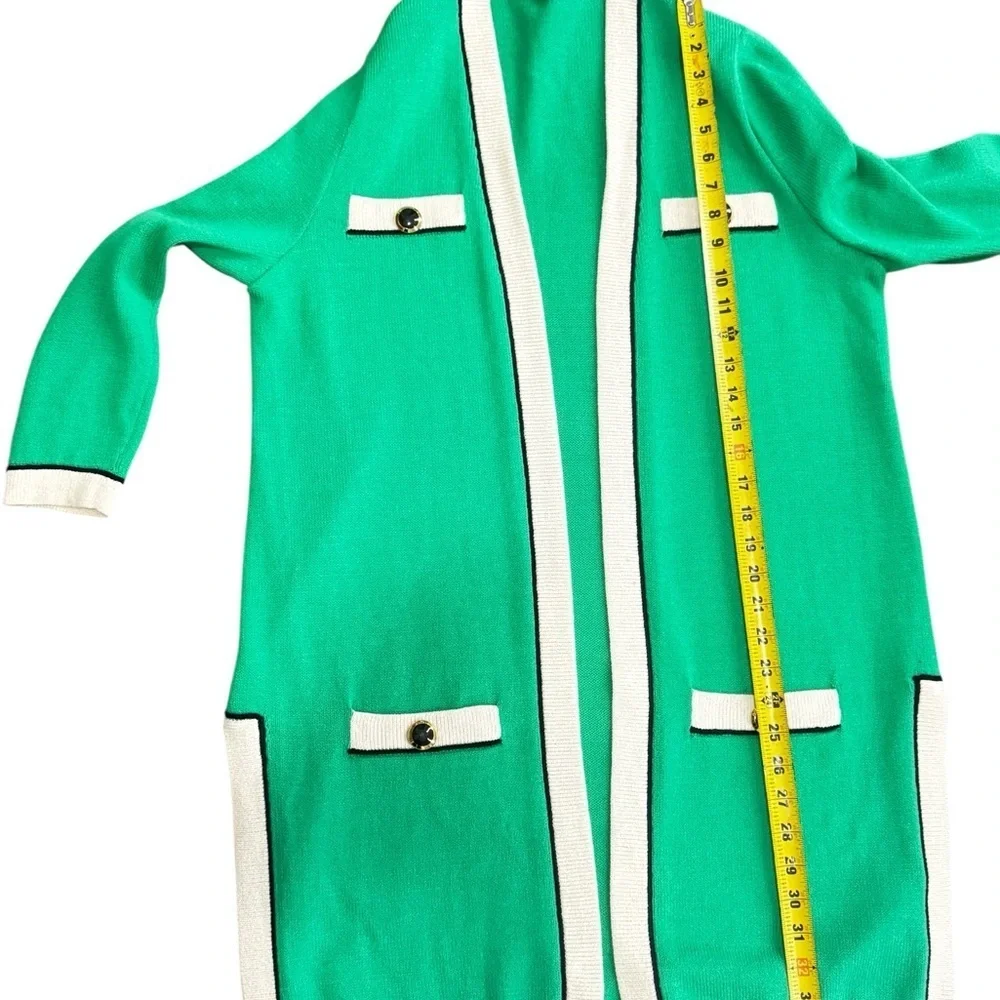 St. John Collection Long Green/Black Gold Buttons Open Front Cardigan Sz L P-38